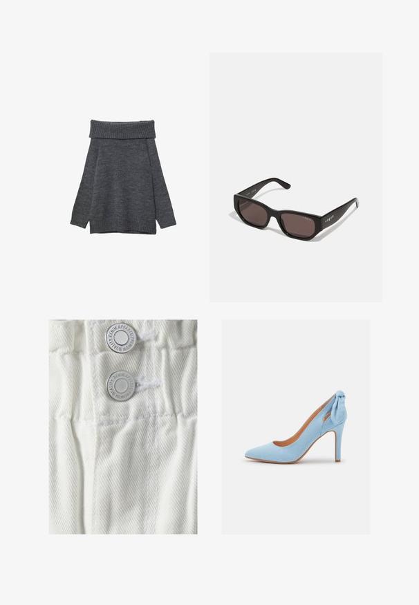 Maglione grigio scuro con un ampio scollo a costine a spalla scoperta. Maniche lunghe e vestibilità morbida con polsini e orlo a costine. Texture morbida.; Vero Moda VMLYRA PAPERBAG - Shorts di jeans - snow white; Scarpa con tacco alto in suede azzurro chiaro, con punta affusolata e un piccolo fiocco decorativo sul retro. Caratterizzata da un design elegante e una soletta color beige.; Occhiali da sole rettangolari neri con lenti scure. Presentano una montatura in plastica liscia e un dettaglio del logo sulla tempia. Design pulito e moderno.