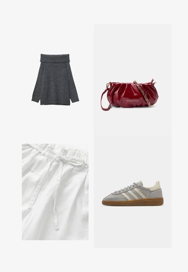 Mørkegrå sweater med en bred, ribbet off-the-shoulder halsudskæring. Lange ærmer og en løs pasform med ribbede manchetter og kant. Blød tekstur.; Hvide linnedbukser med en elastisk talje med en matchende snor og en blød, struktureret stof for komfort og åndbarhed.; Grå suedet sko med lysegrå læderstriber og en gummigummisole. Funktioner inkluderer snørebåndslukning og subtil branding på tungen.; Bordeaux laklæder håndtaske med en samlet design, guld hardware og en justerbar rem med "VALENTINO" trykt på.