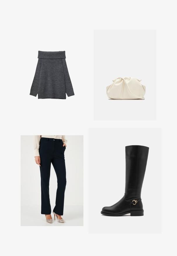 Dunkelgrauer Pullover mit weitem, geripptem, schulterfreiem Ausschnitt. Lange Ärmel und eine lockere Passform mit gerippten Bündchen und Saum. Weiche Textur.; Marineblaue maßgeschneiderte Hosen mit glatter Textur, geraden Beinen, Fronttaschen und Knopfverschluss, kombiniert mit metallischen Absätzen.; Anna Field Wide Fit Stiefel - black; Cremfarbener, weicher Kunstlederbeutel mit gerafftem Design, verstellbarem Schultergurt und subtiler Kordelzug-Verschluss. Glatte Textur und runde Form.