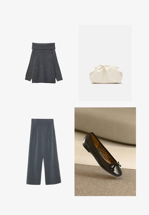 Mørkegrå sweater med en bred, ribbet off-the-shoulder halsudskæring. Lange ærmer og en løs pasform med ribbede manchetter og kant. Blød tekstur.; Viddebukser i mørkegrå, med en tekstureret stof, plisseret front og høj talje design med en glat taljerem.; Sort læderballetsko med rundet tå og stofsløjfe, der har et leopardmønster på indersiden. Glat tekstur og slankt design.; Cremefarvet, blødt kunstlædertaske med sammenkrøllede detaljer, justerbar rem og diskret snørelukning. Glat overflade og afrundet form.