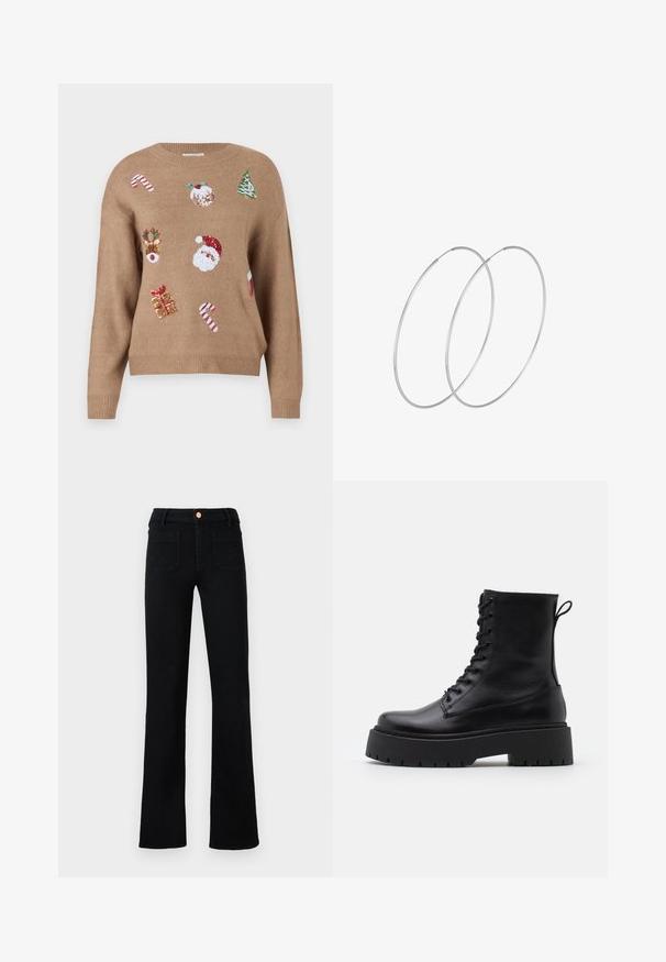 Bruine gebreide trui met geborduurde kerstthemaontwerpen, waaronder een kerstman, rendieren, cadeaus en kerststokjes in verschillende kleuren.; Zwarte hoge taille straight-leg jeans met voorzakken en een koperen knoopsluiting op een neutrale achtergrond.; Zwarte leren enkelboots met een ronde neus, vetersluiting aan de voorkant en een dikke rubberen zool met een gestructureerd profiel. Trekbandje aan de achterkant.; Zilveren hoepel oorbellen met een minimalistisch ontwerp. Cirkelvormig, gladde textuur en dun profiel. Lichtgewicht met een gepolijste afwerking.