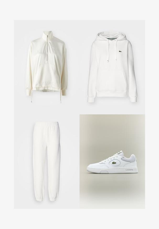 Weißer Hoodie mit Kängurutasche, Kapuze mit Kordelzug, gerippten Bündchen und einem kleinen grünen Logo auf der linken Brust. Weiches Stoffgefühl.; Helle Creme Quarter-Zip-Pullover mit einer Fronttasche, Zugband am Saum und besticktem Logo in passender Farbe auf der Brust. Weicher Stoff.; Weiße Sweatpants aus weichem, gestricktem Stoff. Der elastische Bund und die Bündchen sorgen für eine bequeme Passform. Minimalistisches Design, ohne sichtbare Muster oder Akzente.; Weiße Leder Sneaker mit Mesh-Akzenten, runder Zehenpartie und flachen Schnürsenkeln. Mit grünem Krokodil-Logo und "LACOSTE"-Branding an der Ferse.