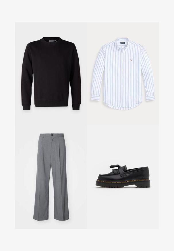 Hanorac negru dintr-un amestec de bumbac neted, cu guler rotund, mâneci lungi și manșete și tiv din material rib. Fără modele sau accente vizibile.; Cămașă cu mâneci lungi, din bumbac, cu dungi albastre și albe, având un tiv curbat și un mic logo brodat pe piept.; Weekday UNO LOOSE SUIT TROUSERS - Pantaloni de costum - dark grey; Mocasini din piele neagră cu un accent ciufulit, având o talpă groasă neagră și cusături galbene pe margine. Finisaj texturat.