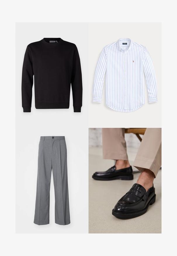 Sweatshirt noir en mélange de coton lisse, avec un col rond, des manches longues et des poignets et un ourlet côtelés. Aucun motif ni accent visible.; Chemise à manches longues à rayures bleu clair et blanches, en coton, avec un ourlet arrondi et un petit logo brodé sur la poitrine.; Weekday UNO LOOSE SUIT TROUSERS - Pantalon de costume - dark grey; Mocassins en cuir noir avec une finition lisse, ornés d'une sangle décorative et de coutures contrastées, associés à un pantalon beige.