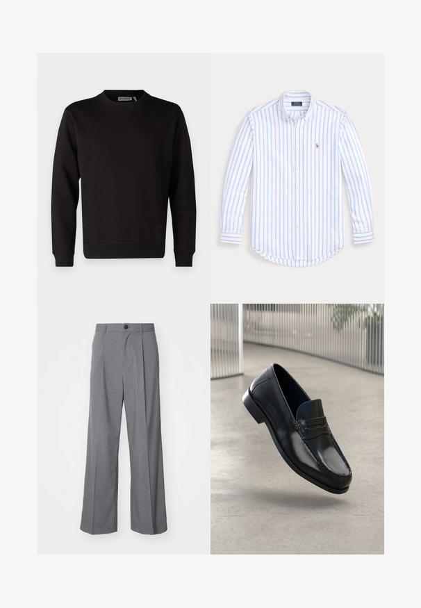 Felpa nera realizzata in un morbido misto cotone, con collo tondo, maniche lunghe e polsini e orlo a costine. Nessun motivo o accento visibile.; Camicia a maniche lunghe azzurro chiaro e bianca a righe, realizzata in cotone, con orlo curvo e un piccolo logo ricamato sul petto.; Weekday UNO LOOSE SUIT TROUSERS - Pantaloni eleganti - dark grey; Mocassini neri in pelle con finitura liscia, punta arrotondata, cuciture decorative e suola leggermente rialzata.