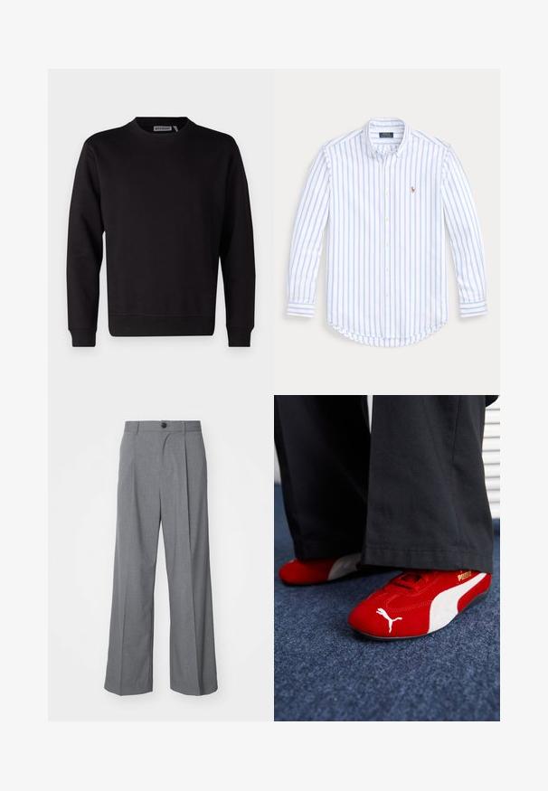 Schwarzes Sweatshirt aus einem glatten Baumwollmix, mit Rundhalsausschnitt, langen Ärmeln sowie gerippten Bündchen und Saum. Keine Muster oder Akzente sichtbar.; Hellblau-weiße gestreifte Langarmbluse mit Knöpfen, aus Baumwolle, mit abgerundetem Saum und kleinem gesticktem Logo auf der Brust.; Weekday UNO LOOSE SUIT TROUSERS - Anzughose - dark grey; Rote Wildledersneaker mit weißen Akzenten, aus strukturiertem Material, mit runder Zehenpartie und einem goldenen Logo an der Seite, getragen mit schwarzen Hosen.