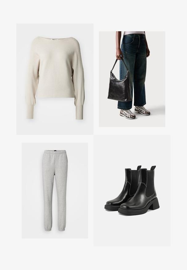 Beige Rippenpullover mit weitem Ausschnitt, langen Ärmeln und enganliegenden Bündchen. Weiche Textur mit dezenten horizontalen Streifen. Markenlabel sichtbar.; Gap Tall NEW - Jogginghose - heather grey; Schwarze Leder Chelsea-Stiefel mit einem klobigen Absatz, elastischen seitlichen Einsätzen und kontrastierendem weißen Nähten. Strukturierte Oberfläche.; Schwarze Leder-Schultertasche mit glatter Textur und verstellbarem Riemen, kombiniert mit ausgewaschenen weit geschnittenen Jeans und sportlichen Sneakern.
