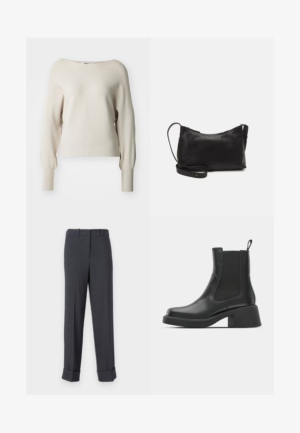 Bežani rebrasti pulover s širokim izrezom, dugim rukavima i uskim manžetama. Mekana tekstura s suptilnim horizontalnim prugama. Vidljiva marka.; Sive prilagođene hlače od teksturiranog platna, s ravnim nogavicama, petljama za remen i manžetama za strukturirani izgled.; Crne kožne gležnjače s elastičnim bočnim panelima, okruglim vrhom i debelim blok petama. Glatka tekstura s minimalističkim dizajnom.; Crna kožna torba na rame s glatkom teksturom, zakrivljenim oblikom, podesivim remenom i zatvaranjem na patentni zatvarač. Minimalistički dizajn bez ukrasa.