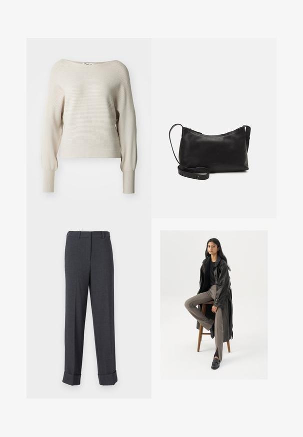 Sweater bege canelado com um decote largo, mangas longas e punhos ajustados. Textura suave com riscas horizontais subtis. Etiqueta da marca visível.; Calças cinzas personalizadas, feitas de tecido texturizado, apresentando uma perna recta, passantes para cinto e bainhas franzidas para uma aparência estruturada.; Casaco trench de couro preto com botões e detalhe de cinto, combinado com calças ajustadas castanho claro e mocassins pretos, sentado em um banco de madeira.; Bolsa de ombro em pele preta com textura suave, forma curva, alça ajustável e fecho com zip. Design minimalista sem adornos.