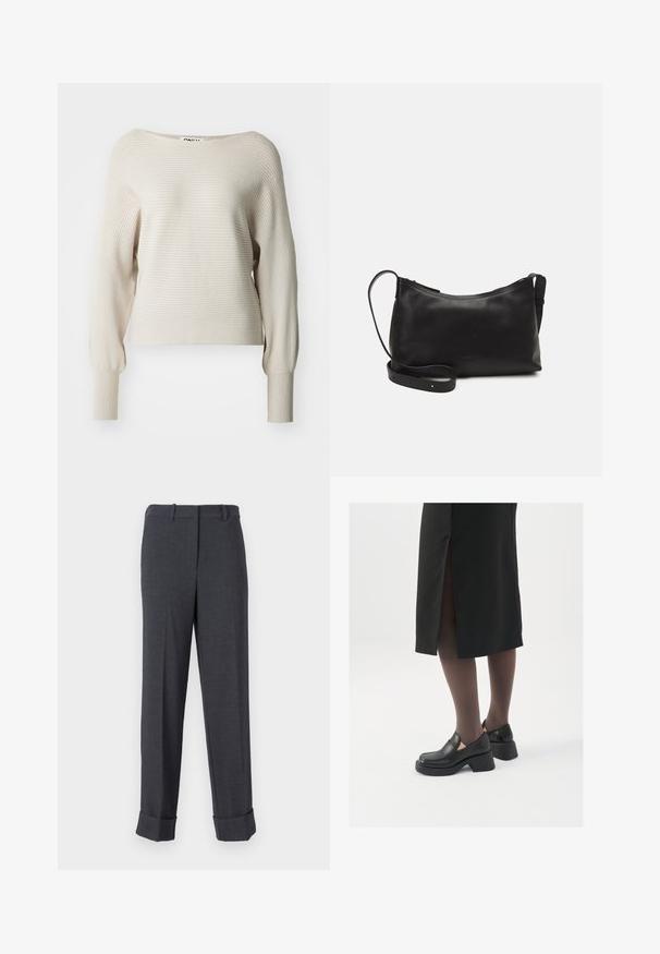 Bež ribaga musteriga sviiter laia kaelusega, pikkade varrukatega ja kitsaste mansettidega. Pehme tekstuur ja diskreetsed horisontaalsed triibud. Brändi silt on nähtav.; Halliga hallid püksid, mis on valmistatud tekstuursest kangast, otse jalgadega, vöökohaga ja mansettide ning struktureeritud välimuse jaoks.; Mustad mustad jalatsid ümmarguse varbaga, paksu plokkniidi ja elastsete külgdetailidega, kombineeritud tumedate sukkade ja musta lõhikuga seelikuga.; Mustmust nahk õlakotil on sile tekstuur, kumer kuju, reguleeritav rihm ja lukuga sulgemine. Minimalistlik disain ilma kaunistusteta.