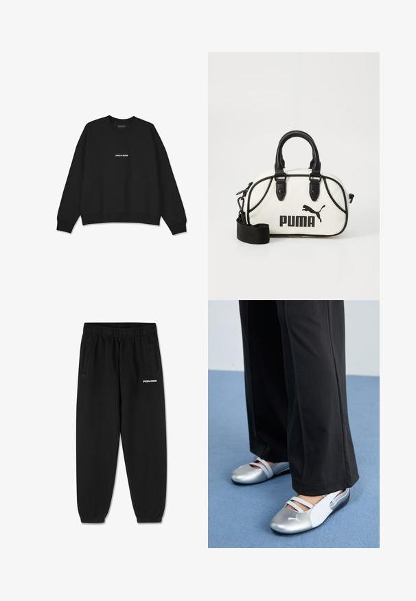 Mustmust, mille ümar kaelus ja soonikuga varrukad. Esiküljel on valge "PEGADOR" logo. Valmistatud pehmest kangast ja lõige on mugavalt lõtv.; Hallikas puuvillane t-särk lühikeste varrukatega, millel on ümmargune kaelus ja esiküljel väike valge "PEGADOR" logo. Sujuv tekstuur, mugav lõige.; Mustad mustad, pehmest kangast, nöörivööga, kitsenevate jalgade ja küljetaskutega. Esiküljel valge "PEGADOR" logo.; Hõbedased ja valged lameste kingad risti rihmadega ning tekstuursete detailidega, mida täiendab laiad mustad püksid. Taustal on sinine põrand.; Valge käekott mustade detailidega, millel on Puma logo. Lühikesed, ümmargused sangad ja eemaldatav rihm, valmistatud tekstureeritud sünteetilisest materjalist.