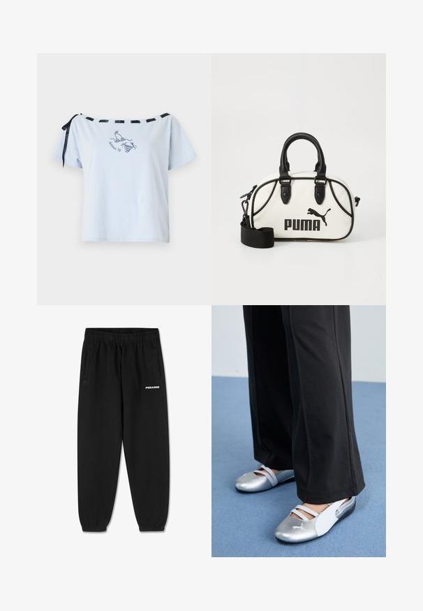 Sweatshirt preta com decote redondo e punhos canelados. Apresenta o logótipo branco "PEGADOR" na frente. Feita de um tecido suave com um corte descontraído.; T-shirt de manga curta azul claro com um design off-shoulder, detalhes em fita de cetim preta e gráfico bordado "Verão 98". Material de algodão macio.; Calças de sweats pretas feitas de tecido suave, com uma cintura elástica ajustável, pernas ajustadas e bolsos laterais. Logótipo "PEGADOR" em branco na parte da frente.; Sapatos planos prateados e brancos com tiras cruzadas e detalhes texturizados, complementados por calças pretas soltas. Colocados sobre um chão azul.; Bolsa branca com detalhes em preto, apresentando o logótipo da Puma. Alças curtas e arredondadas e uma alça removível, feita de material sintético texturizado.