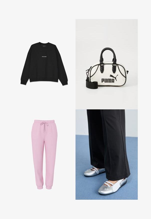 Sweatshirt preta com decote redondo e punhos canelados. Apresenta o logótipo branco "PEGADOR" na frente. Feita de um tecido suave com um corte descontraído.; Calças de moletão rosas feitas de um tecido suave, com uma cinta elástica e cordão, punhos ajustados e um design descontraído.; Sapatos planos prateados e brancos com tiras cruzadas e detalhes texturizados, complementados por calças pretas soltas. Colocados sobre um chão azul.; Bolsa branca com detalhes em preto, apresentando o logótipo da Puma. Alças curtas e arredondadas e uma alça removível, feita de material sintético texturizado.
