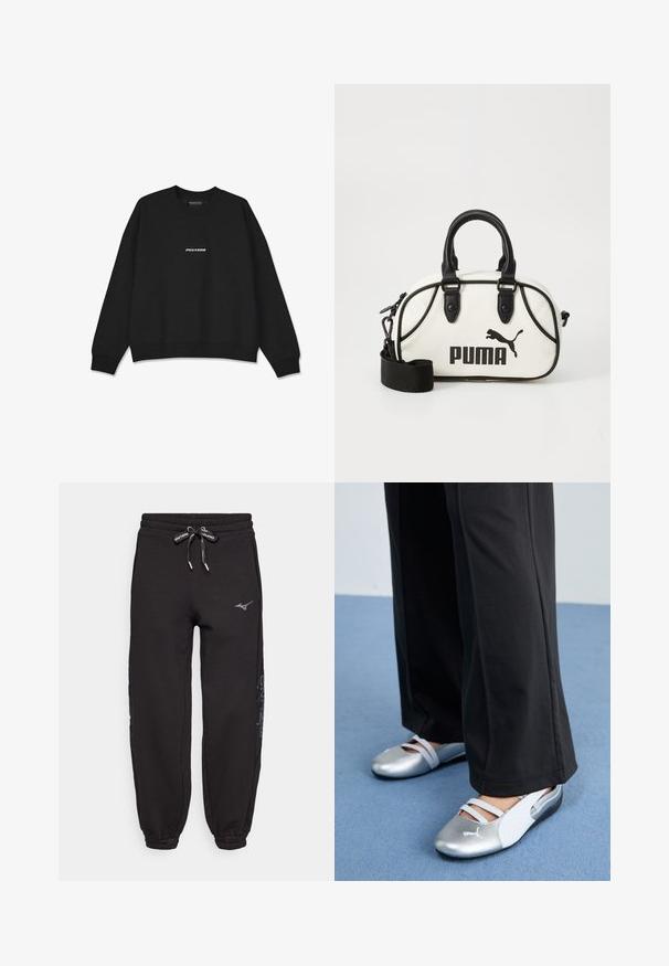 Sweatshirt preta com decote redondo e punhos canelados. Apresenta o logótipo branco "PEGADOR" na frente. Feita de um tecido suave com um corte descontraído.; Calças de moletão negras feitas de material em mistura de algodão, com cintura elástica e cordão, pernas afuniladas e um logótipo na coxa.; Sapatos planos prateados e brancos com tiras cruzadas e detalhes texturizados, complementados por calças pretas soltas. Colocados sobre um chão azul.; Bolsa branca com detalhes em preto, apresentando o logótipo da Puma. Alças curtas e arredondadas e uma alça removível, feita de material sintético texturizado.