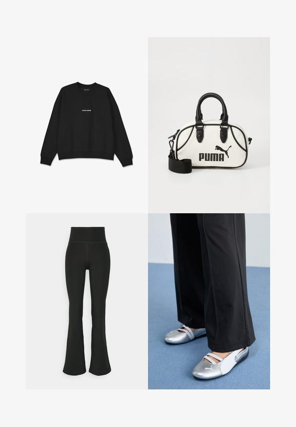 Černá mikina s kulatým výstřihem a žebrovanými manžetami. Na přední straně se nachází bílé logo "PEGADOR". Vyrobeno z měkkého materiálu s volným střihem.; Černé rozšířené legíny s vysokým pasem, vyrobené z elastického materiálu. Hladký povrch s minimem švů.; Stříbrné a bílé ploché boty s křížovými pásky a texturovaným detailem, doplněné volnými černými kalhotami. Umístěno na modré podlaze.; Bílá kabelka s černými akcenty, se znakem Puma. Krátké, zaoblené uši a odnímatelný popruh, vyrobená z texturovaného syntetického materiálu.
