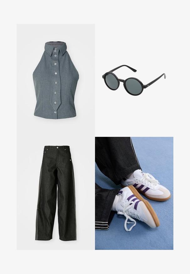 Dzeltena džemperis ar melniem un sarkaniem akcentiem. Ietver velosipēdu grafiku un tekstu "Cyclone". Izgatavots no maiga materiāla, ar savilkta apakšmalu.; Pelēks bez piedurknēm tops ar augstu apkakli un pogām pa priekšu, ar strukturētu dizainu un gludu auduma tekstūru.; Melnas džinsa bikses ar platām kājām un baltām sānu svītrām, ar priekšējiem kabatām, pogājamu priekšpusi un diskretu logotipu netālu no jostasvietas.; Baltas sporta apavu pāris ar purpura svītrām un brūnām gumijas zolemi, ar apaļām auklām un mīkstinātu apkakli. Valkāti ar tumšiem džinsu biksēm.; Apaļas saulesbrilles ar melnu plastmasas rāmīti un tumši pelēkiem stikliem. Iezīmē plānas, taisnas kājas ar minimālistiskiem akcentiem.