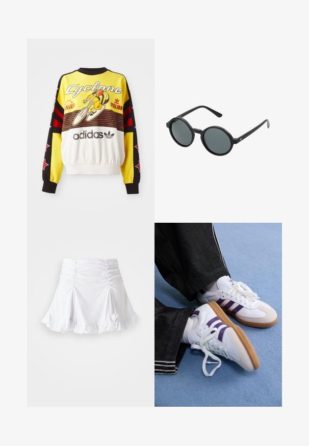 Sudadera amarilla con acentos en negro y rojo. Presenta un gráfico de ciclismo y el texto "Cyclone". Está hecha de un material suave, con un dobladillo fruncido.; Falda blanca de tela texturizada con detalles fruncidos y dobladillo con volantes. Presenta un diseño acampanado con una cintura ajustada.; Zapatillas deportivas blancas con rayas moradas y suelas de goma marrón, con cordones redondos y un cuello acolchado. Llevadas con pantalones de mezclilla oscuros.; Gafas de sol redondas con montura de plástico negro y lentes gris oscuro. Presentan varillas delgadas y rectas con acentos minimalistas.
