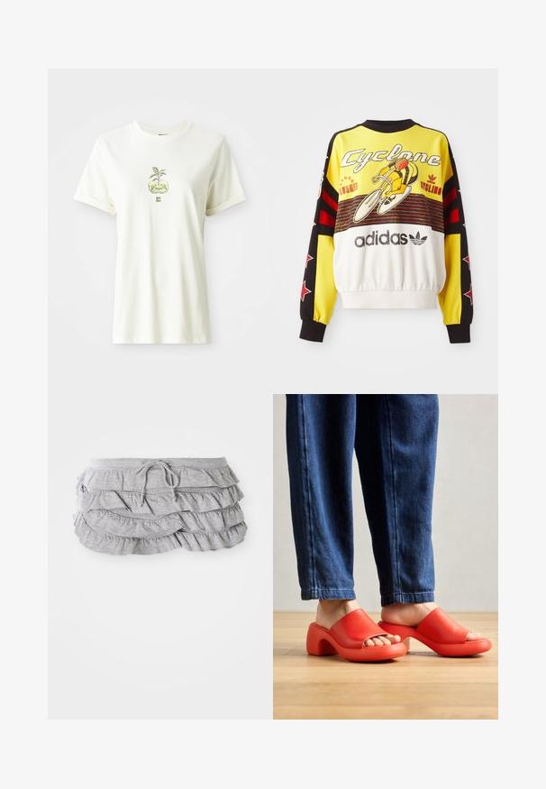 Gelbes Sweatshirt mit schwarzen und roten Akzenten. Verfügt über eine Fahrrad-Grafik und den Text "Cyclone". Hergestellt aus weichem Material, mit einem gerafften Saum.; Weißes T-Shirt mit kurzen Ärmeln, auf dem ein grünes Pflanze-Design zu sehen ist, das aus zwei aufgeschlossenen Händen wächst und sich auf der Brustmitte befindet.; Grauer, geraffter Rock mit mehrschichtigem Stoffdesign, Kordelzugbund, weicher Textur, sauberen Kanten und herabfallenden Rüschen.; Rote, geformte Rutschen mit offener Zehe, ausgestattet mit einem abgerundeten, klobigen Absatz und glatter Textur. Kombiniert mit blauen Denim-Hosen.