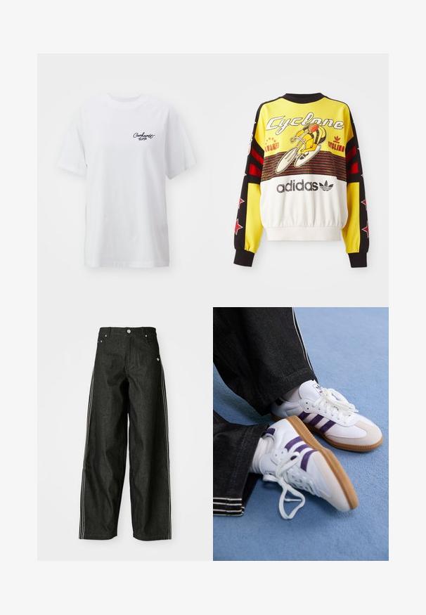 Gelbes Sweatshirt mit schwarzen und roten Akzenten. Verfügt über eine Fahrrad-Grafik und den Text "Cyclone". Hergestellt aus weichem Material, mit einem gerafften Saum.; Weißes Baumwoll-T-Shirt mit lässiger Passform. Verfügt über kurze Ärmel und ein kleines schwarzes "Carhartt WIP"-Logo auf der linken Brust.; Schwarze Denim-weit geschnittene Hose mit weißen Seitestreifen, vorne mit Taschen, einem Knopfverschluss und einem dezenten Logo in der Nähe des Bundes.; Weiße Sportschuhe mit lila Streifen und braunen Gummisohlen, ausgestattet mit runden Schnürsenkeln und einem gepolsterten Kragen. Getragen mit dunkler Jeans.