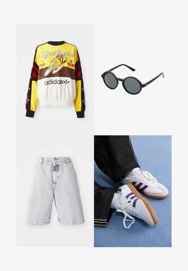 Sweat-shirt jaune avec des accents noirs et rouges. Présente un graphique de cyclisme et le texte "Cyclone". Fabriqué en matériau doux, avec un ourlet froncé.; Shorts en denim de couleur gris clair avec une texture délavée. Présente une fermeture à bouton et zip, des passants de ceinture et une coupe droite.; Baskets blanches avec des rayures violettes et des semelles en caoutchouc marron, dotées de lacets ronds et d'un col rembourré. Portées avec un pantalon en denim foncé.; Lunettes de soleil rondes avec une monture en plastique noir et des verres gris foncé. Présentent des branches fines et droites avec des accents minimalistes.