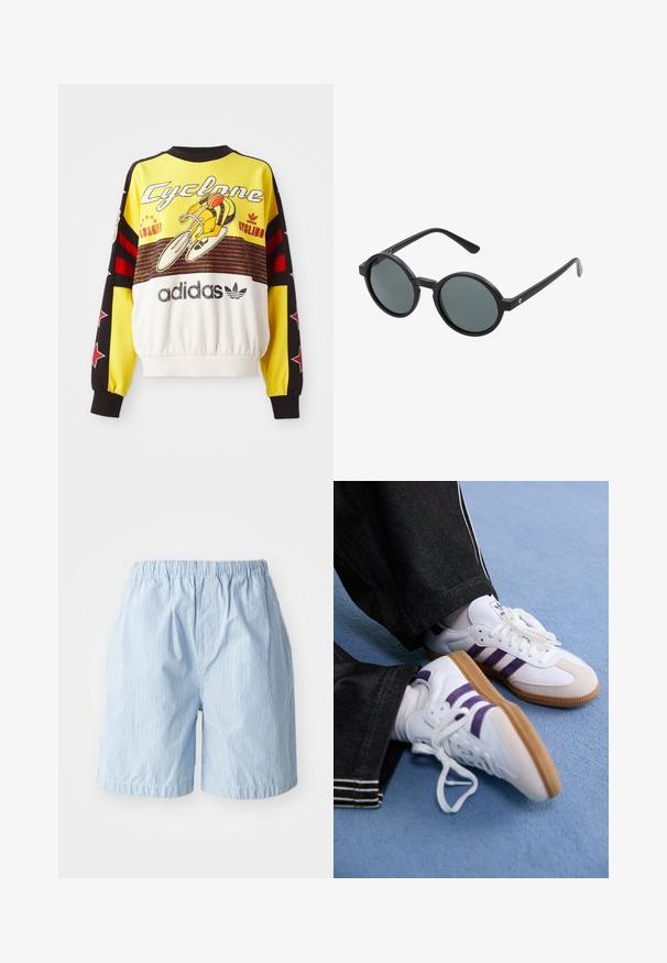 Rumena majica s kapuco z črnimi in rdečimi poudarki. Ima grafiko kolesarja in besedilo "Cyclone". Narejena je iz mehke tkanine, s nabrano obrobo.; Svetlo modri šorti iz tkanine z navpičnimi črtami. Elastičen pas in zategnjeni robovi, ki prikazujejo preprost, sproščen slog.; Bele atletske čevlje bele barve s purpurnimi črtami in rjavimi gumijastimi podplati, opremljeni z okroglimi vezalkami in oblazinjenim ovratnikom. Nosijo se s temnimi džins hlačami.; Okrogle sončna očala z črnim plastičnim okvirjem in temnosivimi lečami. Imajo tanke, ravne ročice z minimalističnimi poudarki.