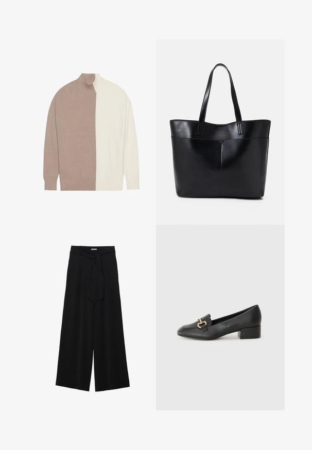Maglione a collo alto con design color block in beige chiaro e crema, realizzato in morbido materiale a maglia, con polsini e orlo a coste.; Pantaloni neri a gamba larga caratterizzati da un tessuto testurizzato, una vita elastica e una cintura staccabile per una vestibilità regolabile.; Mocassini in pelle nera con tacco piatto, dotati di un dettaglio decorativo in metallo dorato nella parte anteriore e una superficie liscia.; Borsa a tracolla in pelle nera con due manici lunghi, una texture liscia e una forma strutturata. Presenta una tasca frontale per ulteriore spazio di archiviazione.