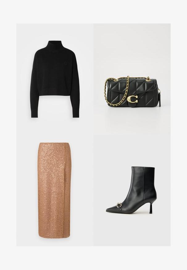 Čierny skrátený sveter, rebrovaný rolák, dlhé rukávy, pletená textúra, s malým logom na hrudi.; Korálkovaná midi sukňa v svetlej béžovej farbe s dizajnom z flitrov, s rovnou siluetou a bočným rozparkom pre detail a pohyb.; Čierna kožená členková obuv s špicatou špičkou, štíhlým stredne vysokým podpätkom a striebornou sponou na boku na jednoduchom pozadí.; Čierna lesklá kožená kabelka s prešívaním, so zlatým reťazovým popruhom a uzáverom na klip s okrúhlou ozdobou. Kompaktný obdĺžnikový tvar.