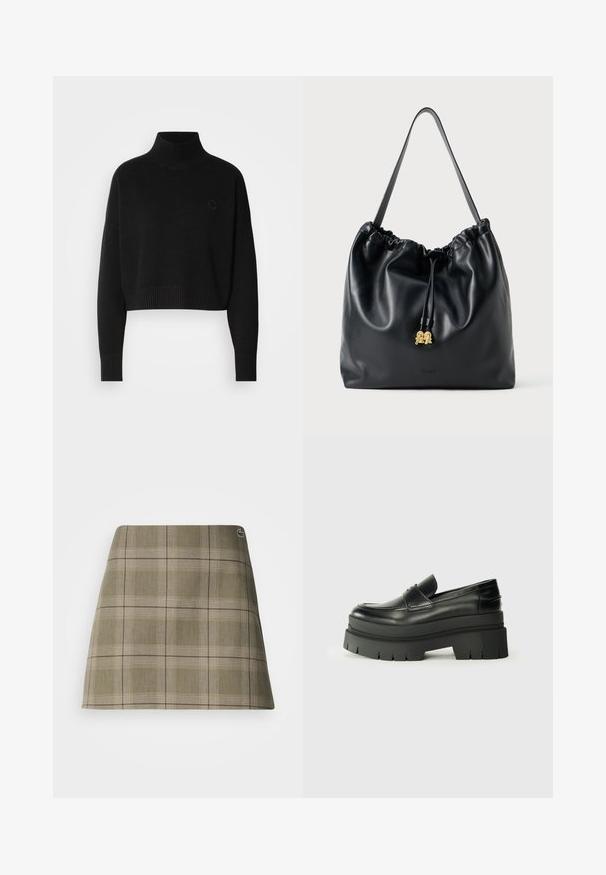 Maglione corto nero, colletto a rapa a coste, maniche lunghe, texture in maglia, con un piccolo logo sul petto.; Gonna a pieghe mini in verde oliva e beige, con un design dritto, una texture sottile e un piccolo logo accento vicino alla vita.; Mocassini neri in pelle con suola piatta spessa. Punta arrotondata, dettaglio della cucitura frontale e accenti di cucitura sottili. Suola piatta e testurizzata.; Borsa a tracolla nera in pelle con texture liscia, parte superiore arricciata e hardware dorato sottile. Presenta una tracolla robusta e un logo impresso.