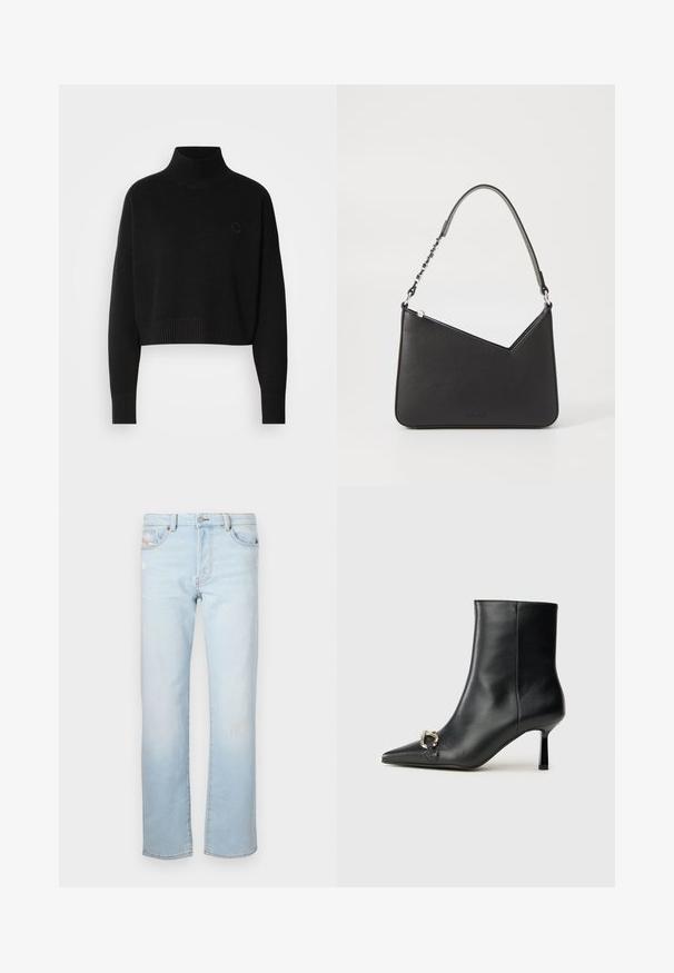 Črna skrajšana jopica, rebrast turtleneck, dolgi rokavi, pletena tekstura, s majhnim logotipom na prsih.; Svetlo modri jeans s ravnim krojem, z manjšim obrabljenjem, petimi žepi in gumbom za zapiranje.; Črne usnjene gležnjarje s koničastim nosom, ozkim srednjem petam in srebrno zaponko na strani na enobarvni podlagi.; Črna usnjena torbica s trikotno obliko, ozkim trakom in srebrnimi dodatki. Ima zadrgo in vtisnjen logotip spredaj.