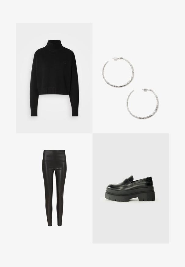 Black cropped sweater, ribbed turtleneck, long sleeves, knitted texture, featuring a small logo on the chest.; High-waisted black faux leather leggings with a smooth, glossy finish and a fitted silhouette, tapering at the ankle. No visible seams.; Black leather loafers with a chunky platform sole. Rounded toe, front seam detail, and subtle stitching accents. Flat, textured outsole.; Braided silver hoop earrings with a textured finish. Secure post-back closure with a small, cylindrical accent.