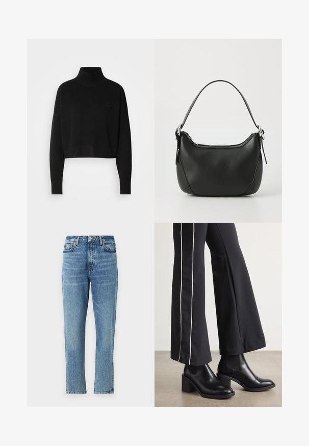 Suéter negro corto, con cuello alto acanalado, mangas largas, textura de punto, con un pequeño logo en el pecho.; Jeans de mezclilla azul claro con cintura alta, diseño de pierna recta y textura desgastada. Presentan herrajes plateados y costuras en contraste.; Botines de cuero negro con tacón cuadrado, con paneles laterales elásticos. Combinados con pantalones negros que tienen una franja blanca lateral.; Bolso de mano de cuero negro con forma curvada, cremallera plateada y un asa corta. Presenta un logotipo sutil en la parte frontal y una textura suave.