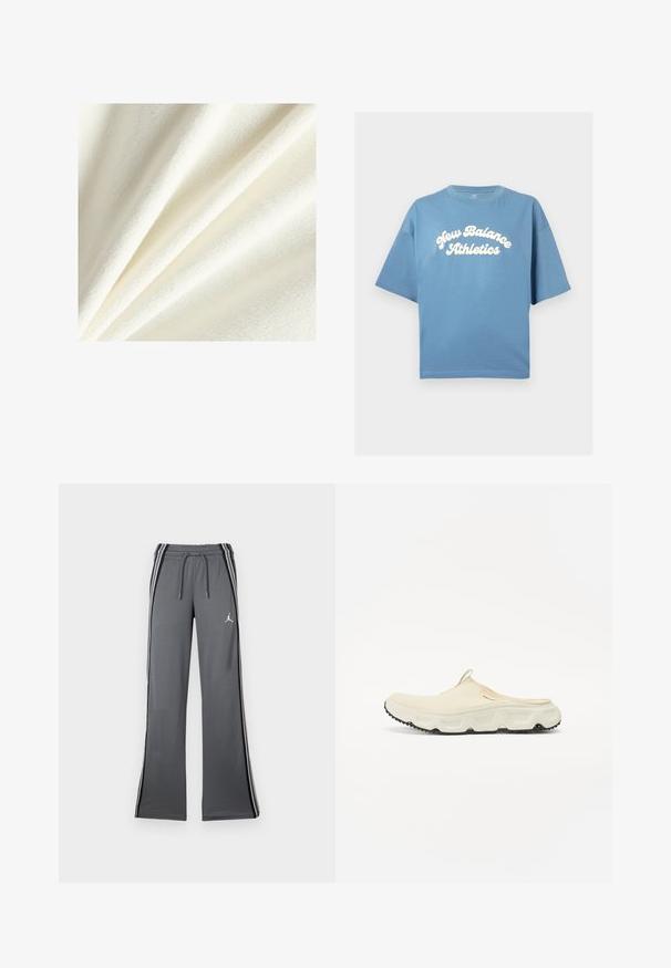 White fleece fabric with a soft, plush texture, showing smooth and slightly raised fibers, arranged in gentle folds.; Blue cotton t-shirt with a loose fit, featuring short sleeves and a crew neckline. White "New Balance Athletics" logo centrally printed.; Gray track pants with a drawstring waist, side stripes, and a small logo. Made of soft material, featuring a wide-leg design and smooth texture.; Cream mesh slip-on shoe with a thick white sole and black textured outsole. Features a pull tab at the heel for easy wear.