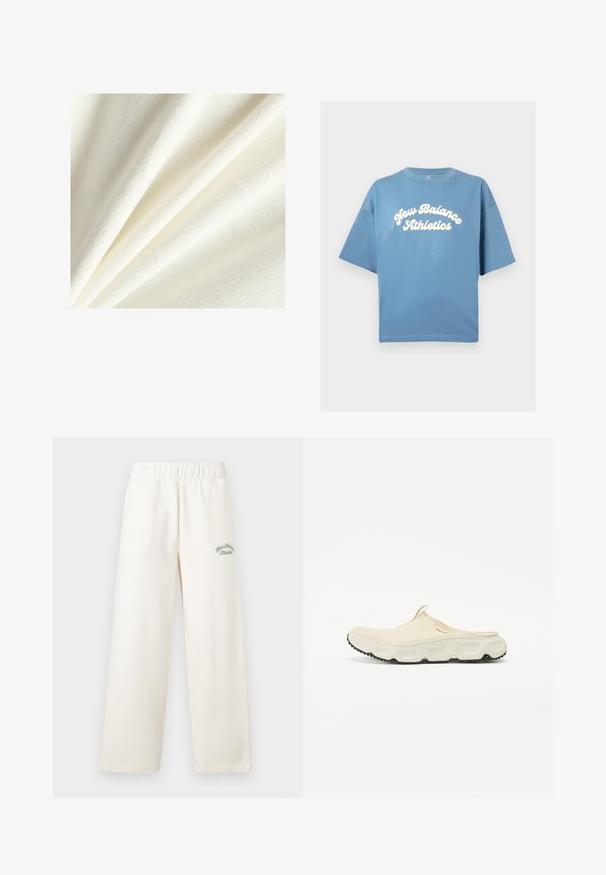 Hvid fleece-stof med en blød, plysset tekstur, der viser glatte og let hævede fibre, arrangeret i blide folder.; Blå bomulds t-shirt med løs pasform, der har korte ærmer og rund halsudskæring. Hvid "New Balance Athletics" logo trykt centralt.; Cremefarvede vide bukser lavet af blødt materiale med elastisk talje. Har diskret grøn broderet tekst foran.; Cremefarvet mesh slip-on sko med en tyk hvid sål og sort tekstureret ydersål. Har et trækstykke ved hælen for nem påtagning.