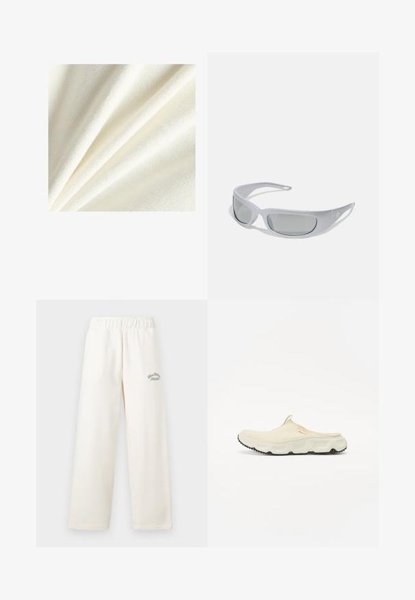 Fehér bolyhos szövet, puha, plüssös textúrával, sima és enyhén kiemelkedő szálakkal, finom redőzetben elrendezve.; Kék pamut póló laza szabással, rövid ujjakkal és kerek nyakkivágással. A közepén fehér "New Balance Athletics" logóval.; Krém színű, bőszárú nadrág, puha anyagból készült, elasztikus derékkal. Az elülső részen diszkrét zöld hímzett szöveg található.; Krémszínű hálós slip-on cipő vastag fehér talppal és fekete texturált külső talppal. Hátsó húzófüllel rendelkezik a könnyű felhúzás érdekében.; Sötét, szürke műanyag kerettel, ívelt kialakítással és szürke színű lencsékkel ellátott napszemüveg. Az egyik szárán logó kiemelés található.