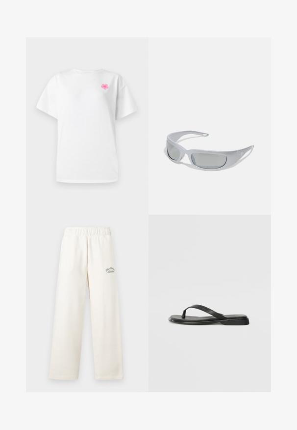 Valge fleece kangas pehme ja sametise tekstuuriga, siledate ja veidi tõstetud kiududega, mis on paigutatud õrnadesse voldikutesse.; Valge lühikeste varrukatega T-särk, mis on valmistatud puuvillast, ümmarguse kaelusega ja millel on vasakul rinnal väike roosa lillemuster.; Kreemikas värvitoon laiad püksid, mis on valmistatud pehmest materjalist ja millel on elastne vöökoht. Esiküljel on peen roheline tikkimine.; Musta sussumood, mis on valmistatud siledast nahast. Sellel on õhuke rihma disain ja lame tald minimaalsete joontega. Mingeid silmatorkavaid mustreid või aktsente ei ole.; Silmad prillid, millel on loodud hall plastikraam, kumer disain ja halli tooniga läätsed. Ühe käe peal on logo aktsent.