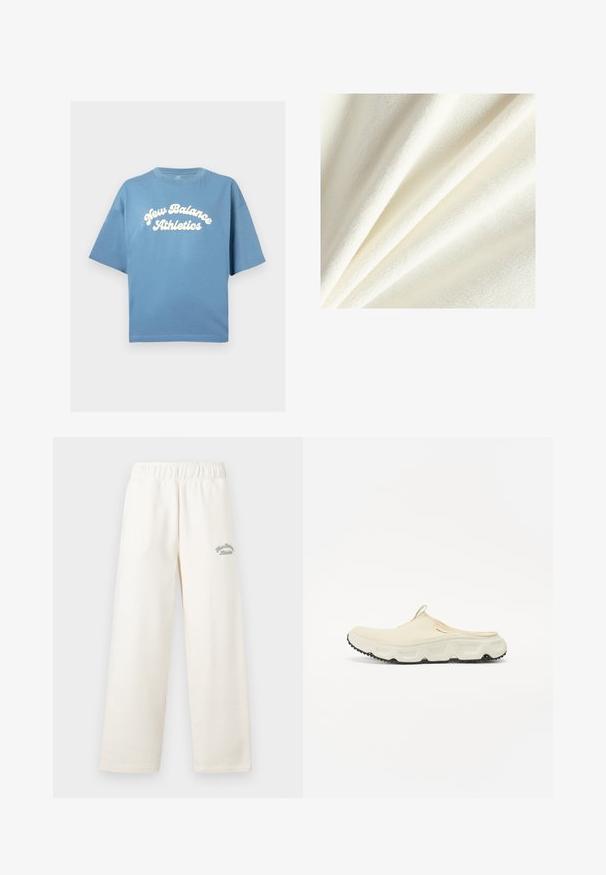 White fleece fabric with a soft, plush texture, showing smooth and slightly raised fibers, arranged in gentle folds.; Blue cotton t-shirt with a loose fit, featuring short sleeves and a crew neckline. White "New Balance Athletics" logo centrally printed.; Cream-colored wide-leg pants made from soft material with an elastic waistband. Features subtle green embroidered text on the front.; Cream mesh slip-on shoe with a thick white sole and black textured outsole. Features a pull tab at the heel for easy wear.