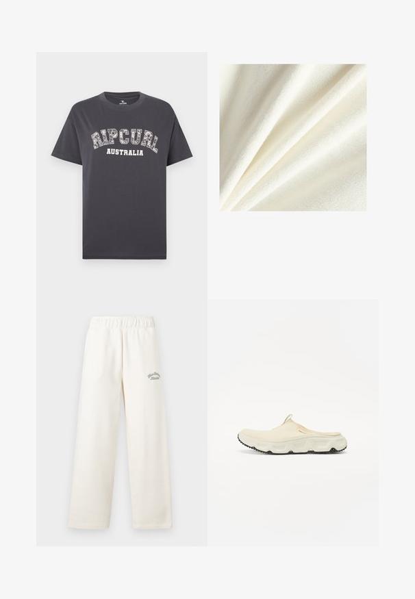 Tissu en polaire blanche avec une texture douce et duveteuse, présentant des fibres lisses et légèrement surélevées, agencées en plis doux.; T-shirt en coton gris foncé à manches courtes, avec un logo imprimé blanc "RIPCURL AUSTRALIA" en style audacieux et courbé.; Pantalons larges couleur crème fabriqués dans un matériau doux avec une ceinture élastique. Présente un texte brodé subtil en vert sur le devant.; Chaussure à enfiler en maille crème avec une semelle blanche épaisse et une semelle extérieure texturée noire. Équipée d'une languette au talon pour un enfilement facile.