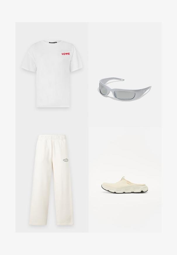Bílá fleece tkanina s jemnou, plyšovou texturou, vykazující hladké a mírně vyvýšené vlákna uspořádaná ve volných záhybech.; Bílý bavlněný tričko s krátkým rukávem, zdobené červeným nápisem "LOVE" vytištěným na levé části hrudi. Klasický kulatý výstřih.; Krémové široké kalhoty vyrobené z měkkého materiálu s elastickým pasem. Na přední straně mají jemný zelený vyšitý nápis.; Krémová síťovinová slip-on obuv s tlustou bílou podrážkou a černou texturovanou spodní částí. Má poutko na patě pro snadné obouvání.; Sluneční brýle s elegantním šedým plastovým rámem, zakřiveným designem a šedě tónovanými skly. Obsahují logo na jedné straně.