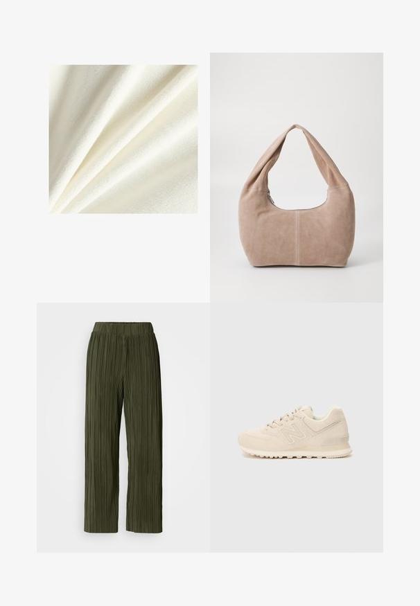 Fehér bolyhos szövet, puha, plüssös textúrával, sima és enyhén kiemelkedő szálakkal, finom redőzetben elrendezve.; Olíva zöld, pliszírozott nadrág széles szárú kialakítással, rugalmas derékkal és függőleges textúrával az egész anyagon.; Beige New Balance tornacipő velúr és hálós felsőrészével, fűzős záródásával, párnázott nyakpántjával és texturált gumitalpával, fehér háttér előtt.; Puha, velúr anyagból készült hobo táska világos bézs színben. Jellemzője a kerek forma, széles pánt és cipzáras záródás.