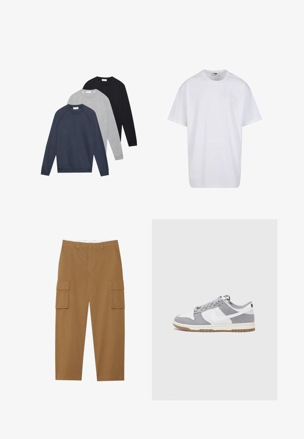 Trois sweat-shirts à col rond à manches longues en bleu marine, gris clair et noir, superposés et posés à plat sur un fond blanc.; T-shirt en coton blanc avec des manches courtes, un col rond, une coupe décontractée et sans logos ni motifs visibles. Texture lisse et design minimaliste.; Pantalons cargo marron avec deux poches latérales, une taille plate et une coupe droite. Fabriqués en tissu durable avec une texture lisse.; Baskets grises et blanches avec un dessus en suède et cuir, bout rond, lacets plats et semelle en caoutchouc avec une touche de gomme.