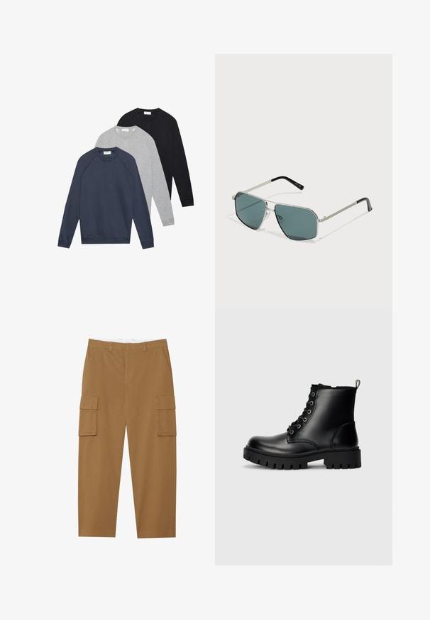Tre felpe a maniche lunghe con collo girocollo, nei colori blu navy, grigio chiaro e nero, sovrapposte e adagiate su uno sfondo bianco.; Pantaloni cargo marroni con due tasche laterali, fronte piatto e taglio dritto. Realizzati in un tessuto durevole con una texture liscia.; Stivali alla caviglia in pelle nera con punta rotonda, design con lacci e suola spessa e robusta. Presentano una linguetta sul tallone e dettagli in metallo argentato.; Occhiali da sole con montatura metallica e lenti esagonali, tonalità verde scuro, dettagli argentati e aste nere. Dettagli texture sulla montatura.