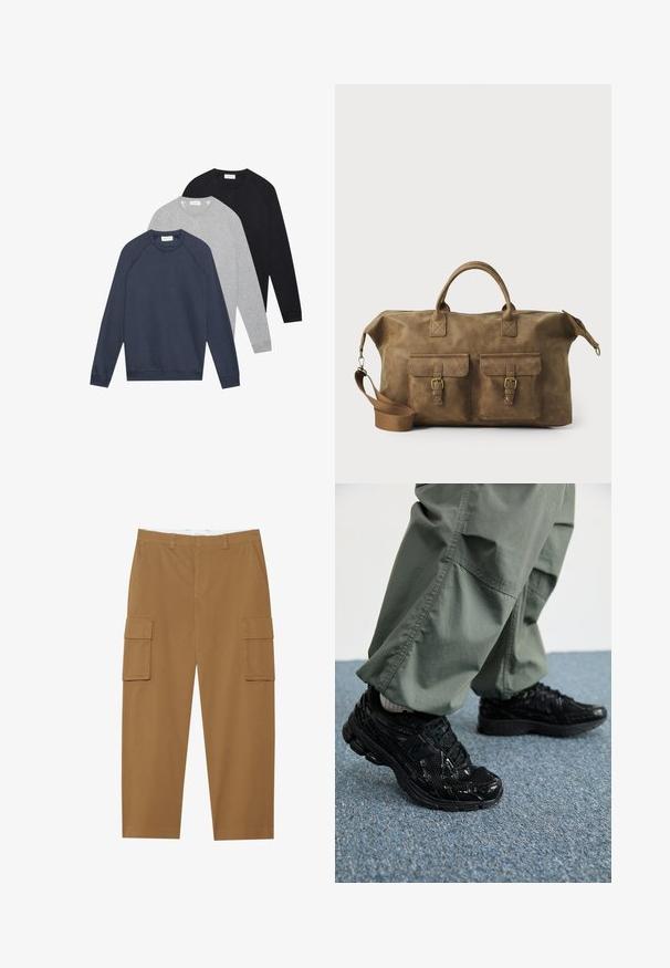 Trīs garu piedurkņu kreklu sporta jaku ar apaļu kaklu, krāsās: navy, gaiši pelēka un melna, sakārtotas un novietotas plakni uz baltā fona.; Ceri brūni cargo bikses ar divām sānu kabatām, plakanu priekšpusi un taisnu kāju griezumu. Izgatavotas no izturīgas auduma ar gludu tekstūru.; Melni sporta apavi ar spīdīgu un sieta tekstūru, ar biezu zoli un auklām, kombinēti ar brīvām olīvzaļām kravas biksēm.; Brūns ādas ceļojumu soma ar diviem priekšējiem kabatām, regulējamu plecu siksnu, zelta detaļām un stingrām augšējām rokturiem. Gluda tekstūra.