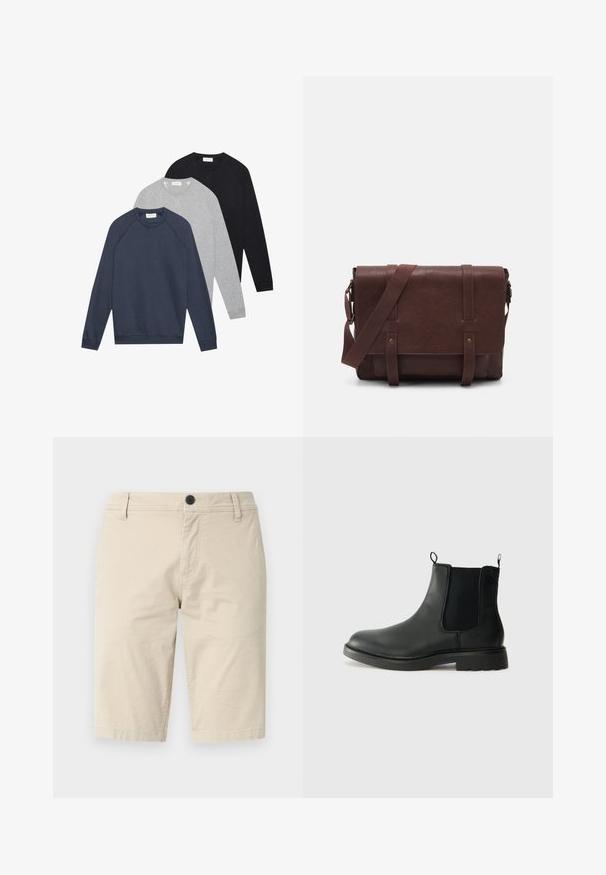 Tre felpe a maniche lunghe con collo girocollo, nei colori blu navy, grigio chiaro e nero, sovrapposte e adagiate su uno sfondo bianco.; Pantaloni corti beige realizzati in tessuto leggero, con frontale piatto, chiusura a un bottone e due tasche laterali; texture liscia.; Stivali Chelsea in pelle nera con pannelli laterali elasticizzati, linguette, punta arrotondata e suola in gomma testurizzata. Superficie liscia e design robusto.; Borsa a tracolla in pelle marrone con un davanti piatto, due cinghie, dettagli in metallo dorato e una tracolla regolabile.