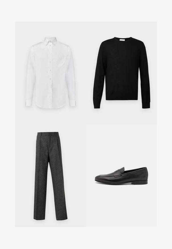 Black long-sleeve sweater made from soft fabric, features a round neckline, ribbed cuffs, and a straight hem. Minimalist design, no patterns.; White long-sleeve shirt made of cotton, featuring a button-down collar, a single chest pocket, and a smooth texture.; Gray tailored trousers made of textured fabric, featuring two front pleats and a straight-leg design. No visible pockets or embellishments.; Black leather men's loafer with a low heel and a classic penny strap design, shown in side profile on a white background.