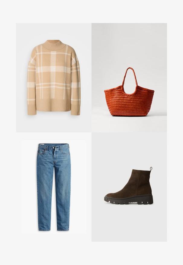 Beežid kampsun, millel on valge ruuduline muster, soonikkoes ümar kaelus ja mansetid. Pehme tekstuur, madalad õlaribid ja lõdvestatud lõige.; Sinine denimist valmistatud sirge lõikega teksad, millel on lukuga kokku tõmbamine, kaks esimest taskut ja peene värvimisega niiskus kogu kangast.; Pruun nahast pahkluu saabas, millel on tugev must kummitald, kerge konts ja tagumine tõmbetöödeldud osa, mis muudab selga panemise lihtsamaks.; DRAGON DIFFUSION NANTUCKET BASKET BIG - Käekott - naranja