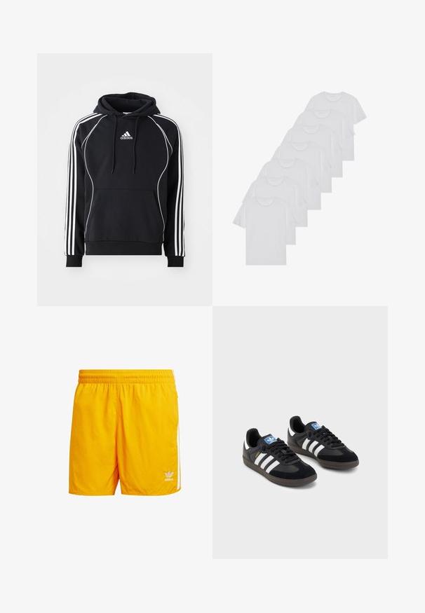 Czarna bluza Adidas z kapturem, z białymi paskami na rękawach, białym obszyciem z przodu, przednią kieszenią typu kangur oraz sznurkiem w kapturze.; Białe bawełniane koszulki, krótki rękaw, design z okrągłym dekoltem, gładka faktura, ułożone w rzędzie, z subtelnym logo przy dekolcie.; Żółte szorty adidas wykonane z lekkiego materiału, z elastycznym pasem, białymi paskami po bokach i małym logo na dolnym tyle.; Czarne sneakersy z zamszową i syntetyczną cholewką, wyposażone w trzy białe paski, teksturowaną gumową podeszwę oraz niebieską metkę z logo na języku.