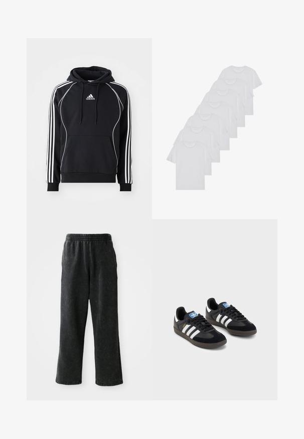 Czarna bluza Adidas z kapturem, z białymi paskami na rękawach, białym obszyciem z przodu, przednią kieszenią typu kangur oraz sznurkiem w kapturze.; Białe bawełniane koszulki, krótki rękaw, design z okrągłym dekoltem, gładka faktura, ułożone w rzędzie, z subtelnym logo przy dekolcie.; Czarne dresy wykonane z teksturowanej tkaniny, z elastycznym pasem, bocznymi kieszeniami oraz luźnym krojem z prostymi nogawkami.; Czarne sneakersy z zamszową i syntetyczną cholewką, wyposażone w trzy białe paski, teksturowaną gumową podeszwę oraz niebieską metkę z logo na języku.