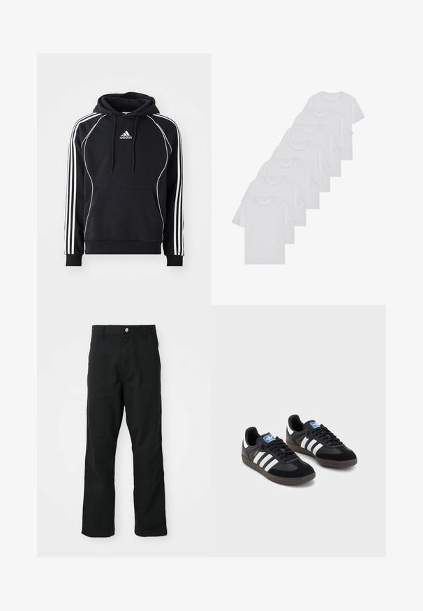Sort Adidas hoodie med hvide striber på ærmerne, hvid pipedetalje foran, frontlomme i kænguru-stil og snøre i hætten.; Hvide bomulds T-shirts, korte ærmer, rund halsdesign, ensartet tekstur, stablet i en række, med diskret branding ved halsåbningen.; Sorte lige bukser med knap- og lynlåslukning, bæltestropper og sidelommer, præsenteret mod en hvid baggrund.; Sorte sneakers med en overdel i ruskind og syntetisk materiale, med tre hvide striber, struktureret gummisål og en blå logoetiket på tungen.