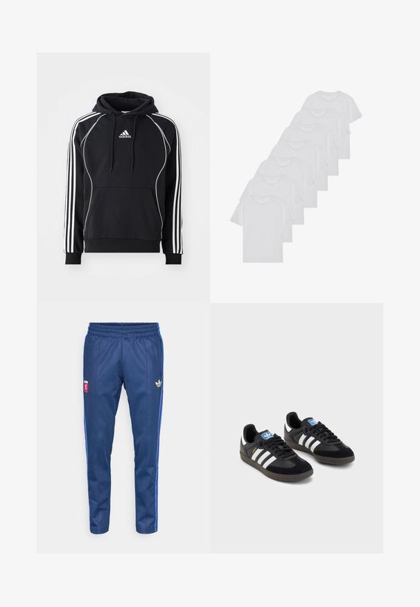Melnā Adidas kapuce ar baltām svītrām uz piedurknēm, baltu apdari priekšpusē, priekšējo kangaroo kabatu un regulējamu kapuci.; Baltie kokvilnas T-krekli, īsas piedurknes, apaļas izgriezuma dizains, vienkārša tekstūra, sakrauti rindā, ar smalku zīmolu pie kakla izgriezuma.; Tumši zili sporta bikses, izgatavotas no gludas auduma ar elastīgu jostasvietu, ziliem sānu svītrām un zelta Adidas logo kreisajā gurnā.; Melnas sporta apavas ar zamšādas un sintētisku augšdaļu, ar trim baltām svītrām, teksturētu gumijas zoli un zilu logo birku uz mēles.