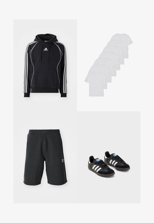 Črna Adidas kapuca z belimi črtami na rokavih, belim pasom spredaj, sprednjim žepom v obliki kenguruja in kapuco z vrvico.; Beli bombažni T-majici, kratki rokavi, krožni izrez, enostavna tekstura, zloženi v vrsto, s subtilnim logotipom na vratu.; Črne žersijske kratke hlače z elastičnim pasom, stranskimi žepi in belim Adidasovim logotipom na spodnjem levem delu. Mehka tkanina in dolžina do kolen.; Črne športne copate z zgornjim delom iz semiša in sintetičnih materialov, ki imajo tri bele črte, teksturiran gumijast podplat in modro označevalno oznako na jeziku.